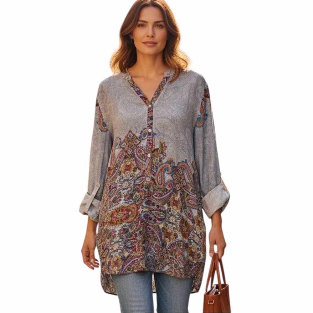 Dolma Paisley Tunic / Mini Dress - Convertible Sleeves Grey & Multi - Size L